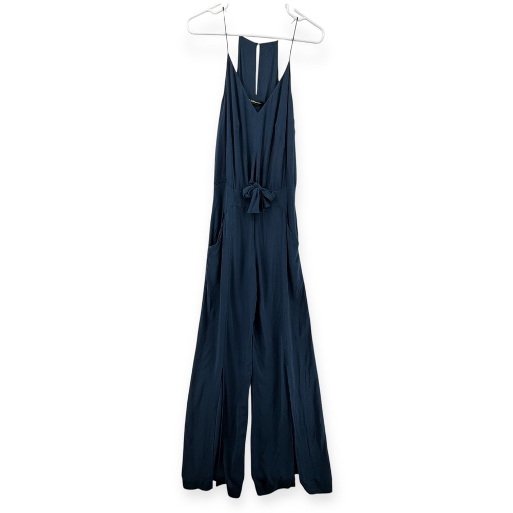 VIX Paula Hermanny Nora Jumpsuit‎ Womens Large Navy Blue Split Hem Tie Front NWT